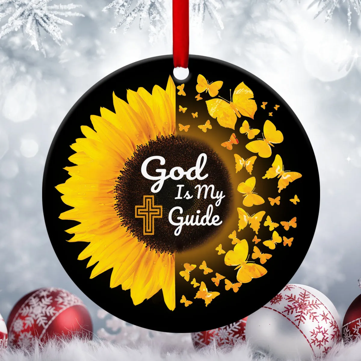 God Makes My Way - Beautiful Sunflower Ceramic Circle Ornament - Christian Gift For Friends