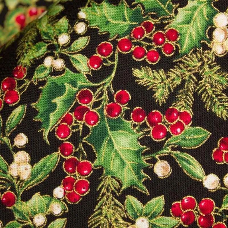 Green Holly Leaves and Berries on Black, Gold Metallic