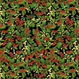 Green Holly Leaves and Berries on Black, Gold Metallic