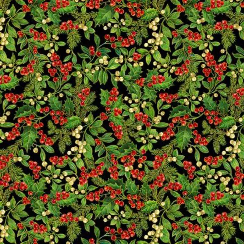 Green Holly Leaves and Berries on Black, Gold Metallic