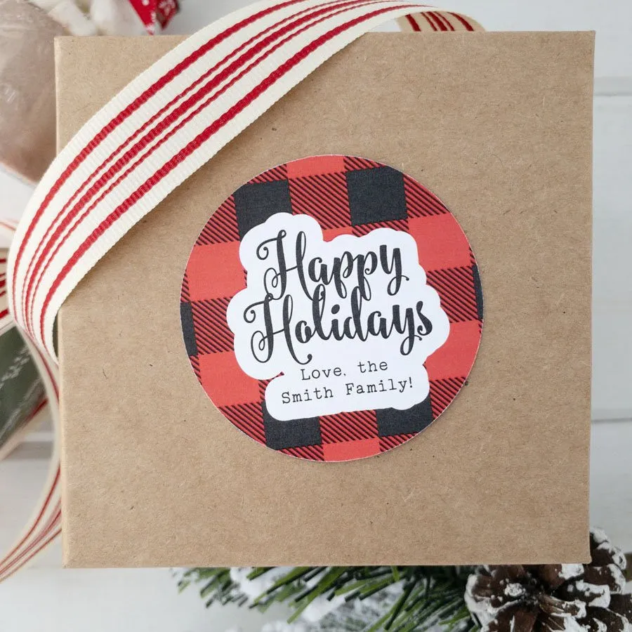 Happy Holidays Gift Label Plaid Christmas Stickers