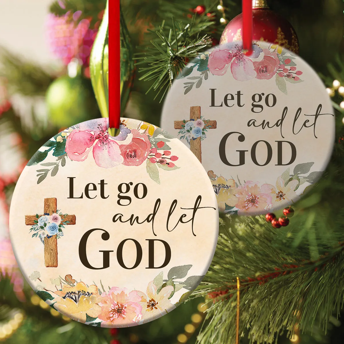 Let Go And Let God - Flower Ceramic Circle Ornament - Christian Gift For Friends - Unique Gifts