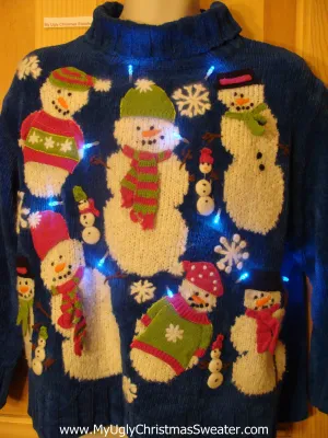 Light Up Blue 2sided Ugly Xmas Sweater with Round Festive Snowmen