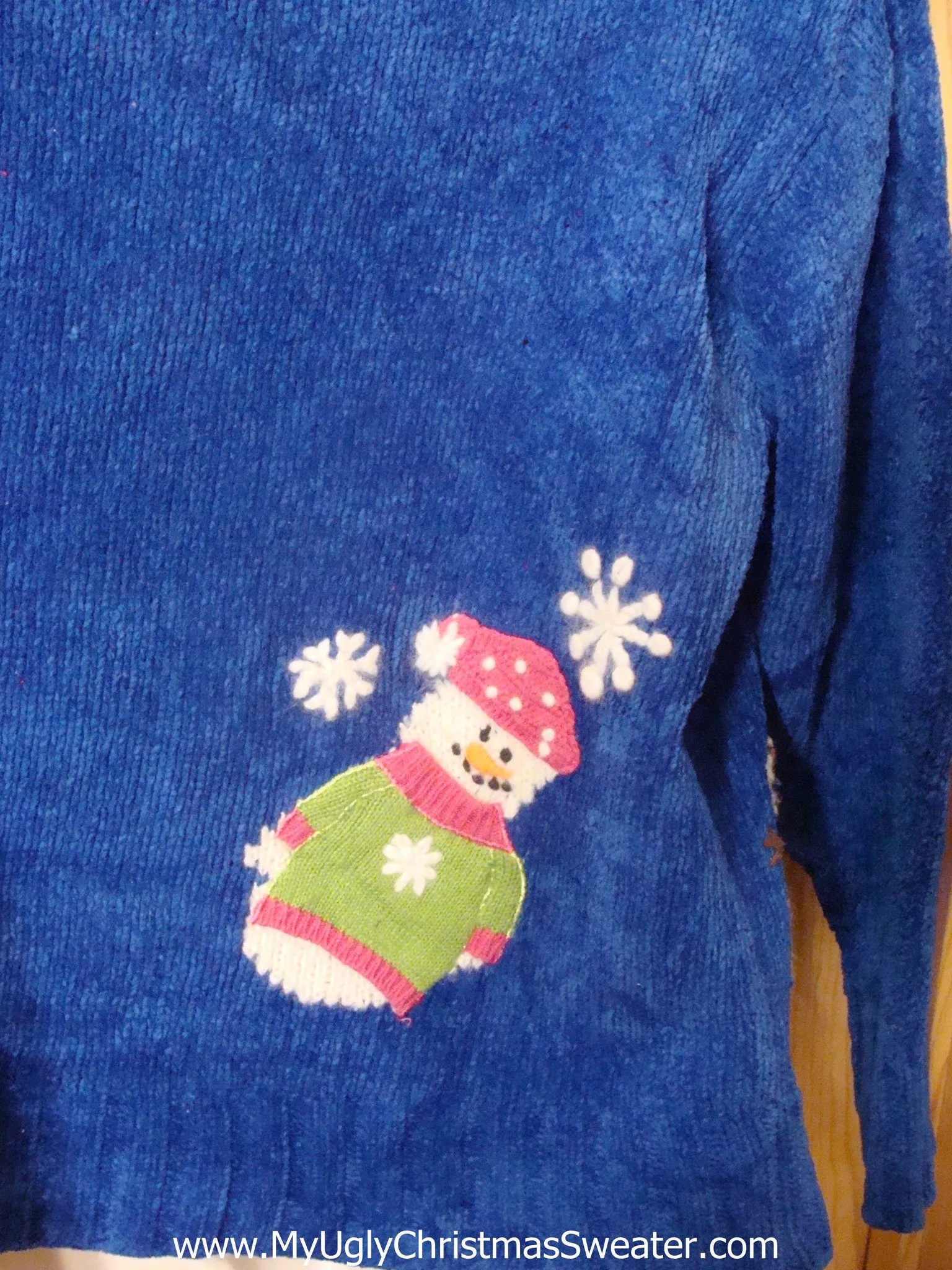 Light Up Blue 2sided Ugly Xmas Sweater with Round Festive Snowmen