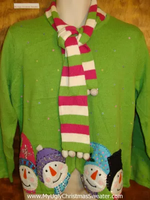 Lime Green Snowman Ugly Christmas Sweater with Scarf