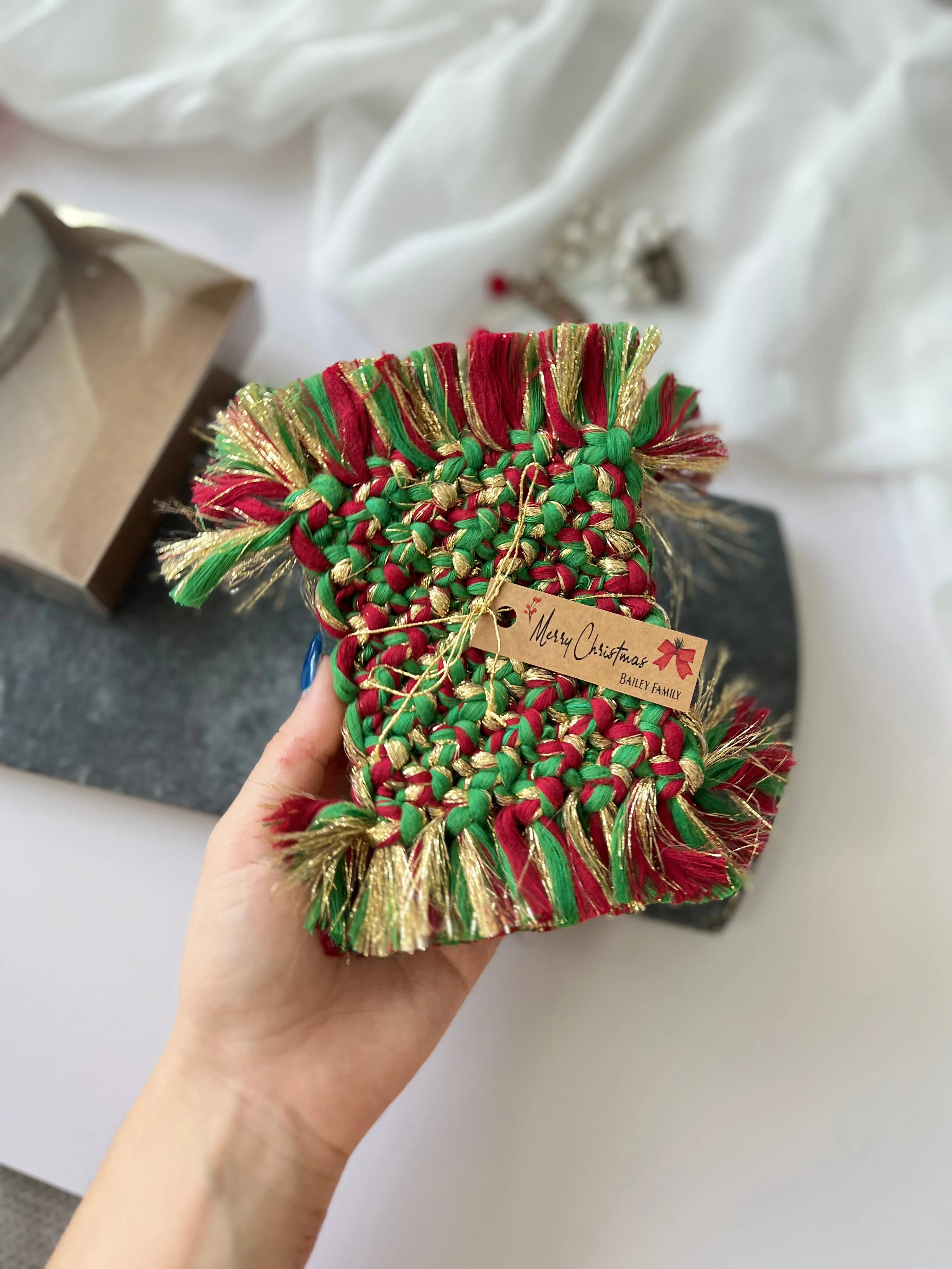 Macrame Coasters for Christmas 2 PCS- Rustic Holiday Gifts for Friends and Coworkers