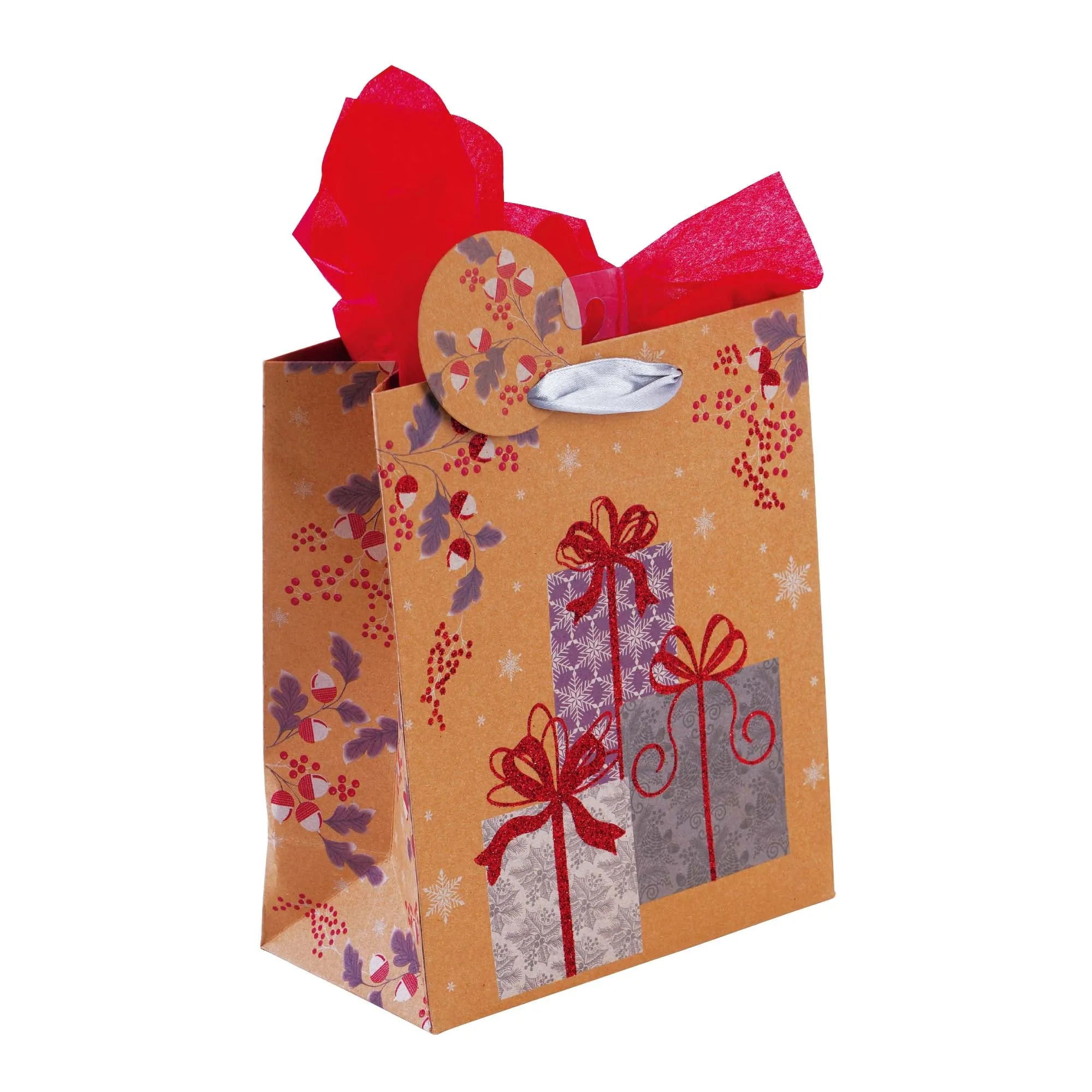 Medium Christmas Holiday Glitter Kraft Bag, 6 Designs