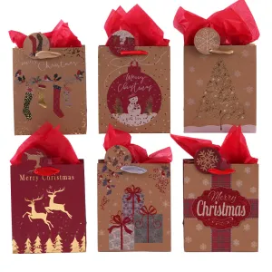 Medium Christmas Holiday Glitter Kraft Bag, 6 Designs