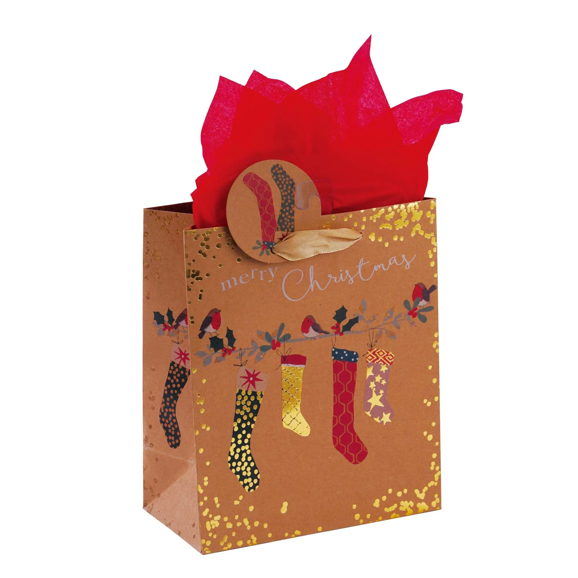 Medium Christmas Holiday Glitter Kraft Bag, 6 Designs