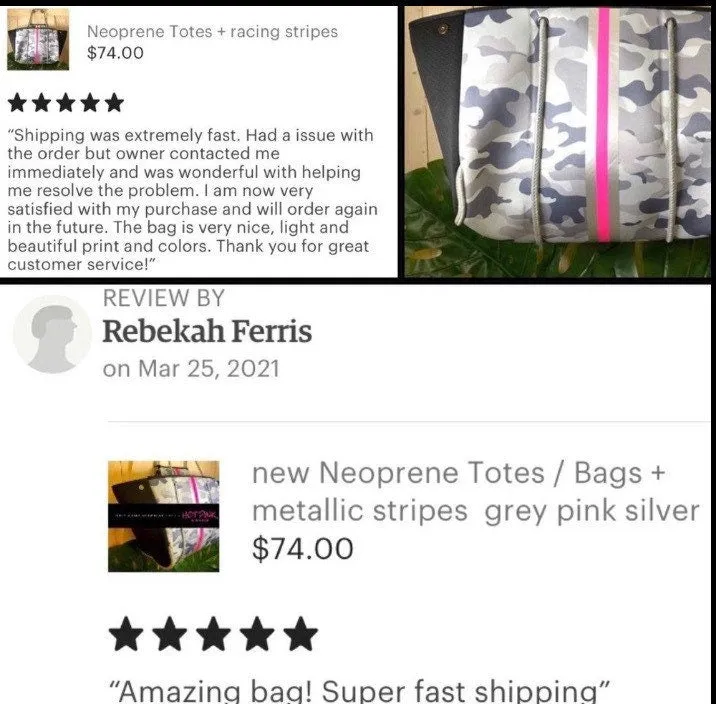 new Neoprene Tote Bag grey / gray Camo   metallic silver & hot pink racing stripes (   various racer checks / deer / leopard / cheetah )