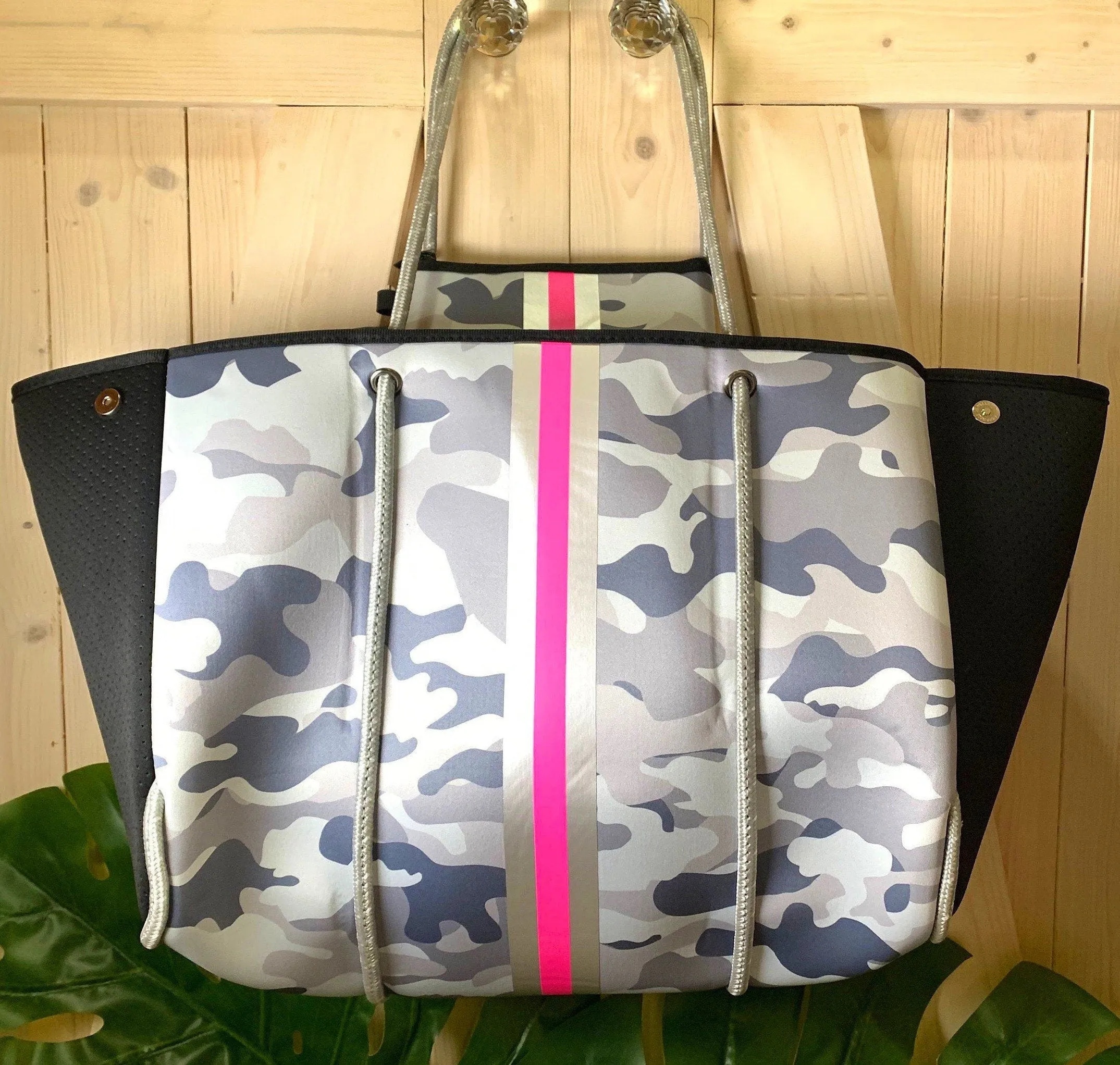 new Neoprene Tote Bag grey / gray Camo   metallic silver & hot pink racing stripes (   various racer checks / deer / leopard / cheetah )