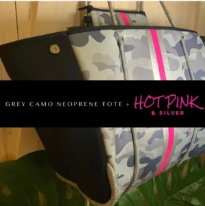 new Neoprene Tote Bag grey / gray Camo   metallic silver & hot pink racing stripes (   various racer checks / deer / leopard / cheetah )