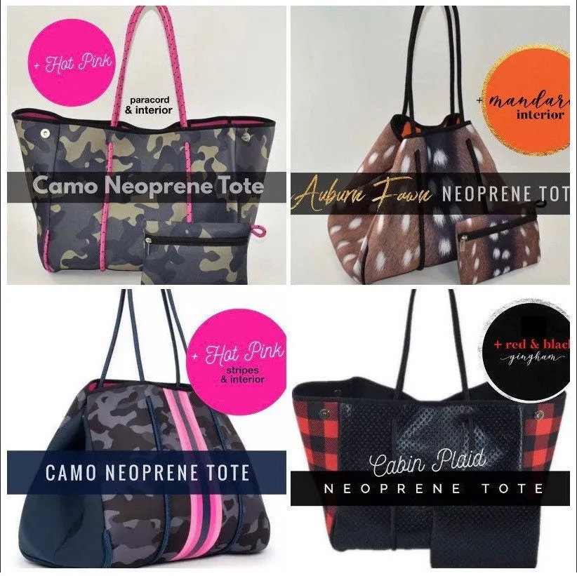 new Neoprene Tote Bag grey / gray Camo   metallic silver & hot pink racing stripes (   various racer checks / deer / leopard / cheetah )