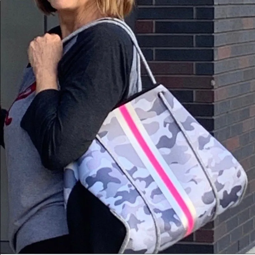 new Neoprene Tote Bag grey / gray Camo   metallic silver & hot pink racing stripes (   various racer checks / deer / leopard / cheetah )