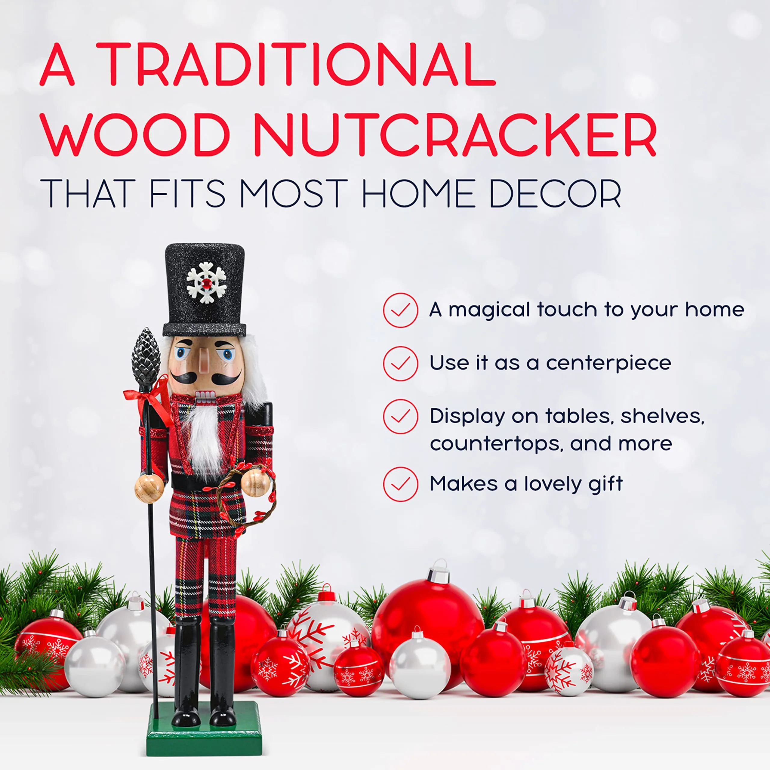 Ornativity Christmas Buffalo Plaid Nutcracker – Red and Black Wooden Nutcracker Soldier with an Acorn Staff and Holly Berries Wreath Xmas Themed Holiday Nut Cracker Doll Figure Decorations