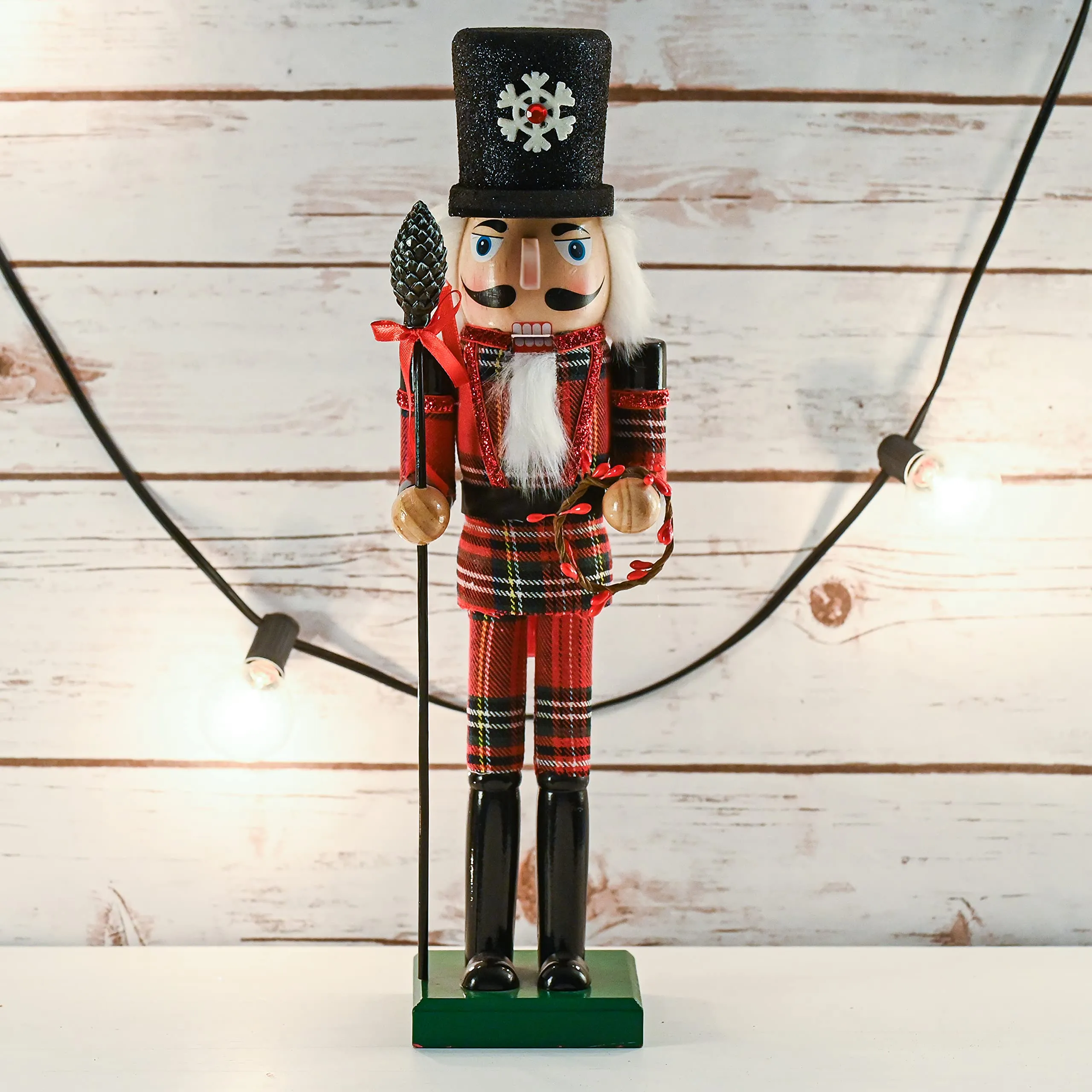 Ornativity Christmas Buffalo Plaid Nutcracker – Red and Black Wooden Nutcracker Soldier with an Acorn Staff and Holly Berries Wreath Xmas Themed Holiday Nut Cracker Doll Figure Decorations