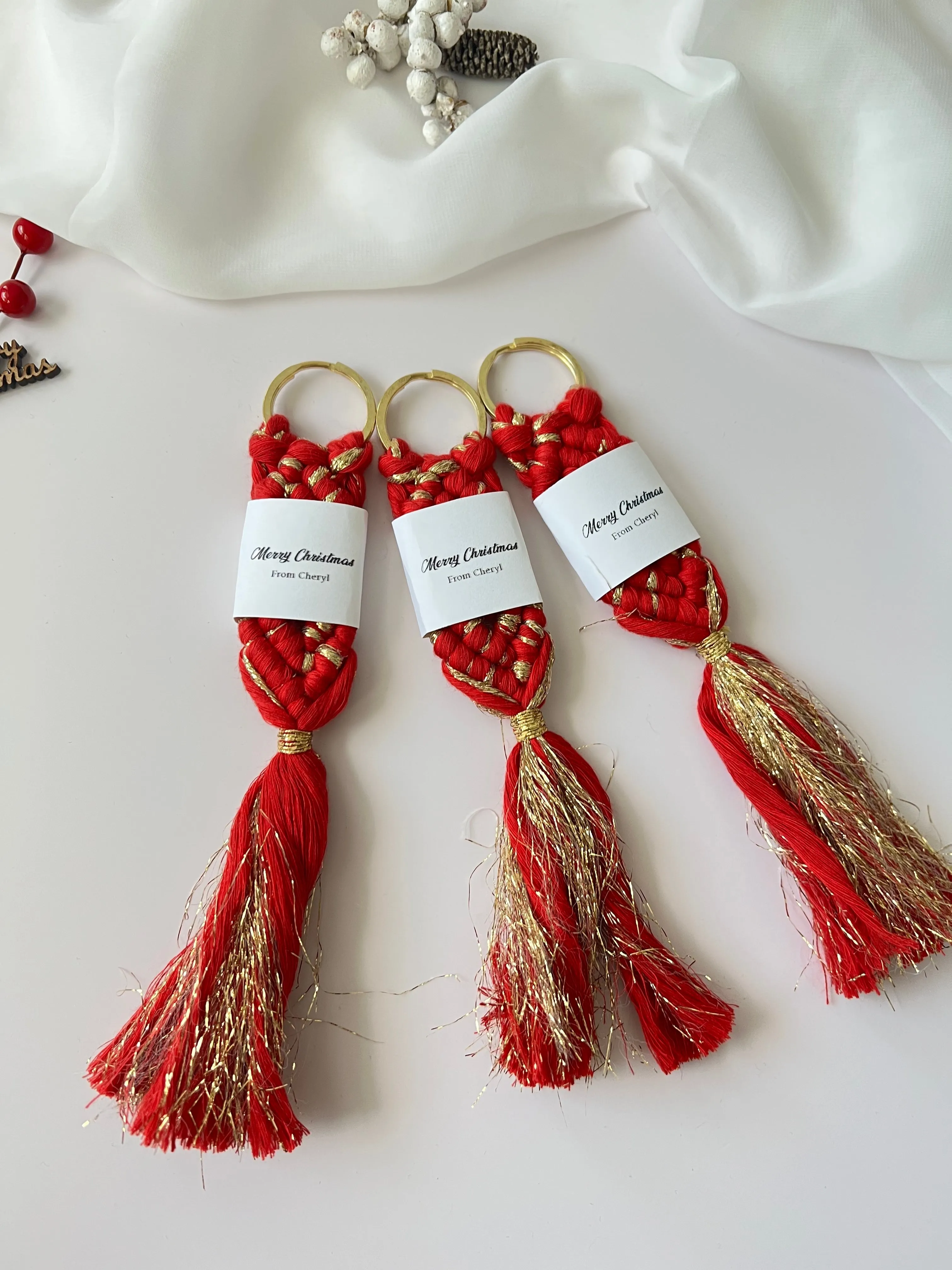 Personalized Christmas Red Macrame Keychain | Custom New Year Gifts