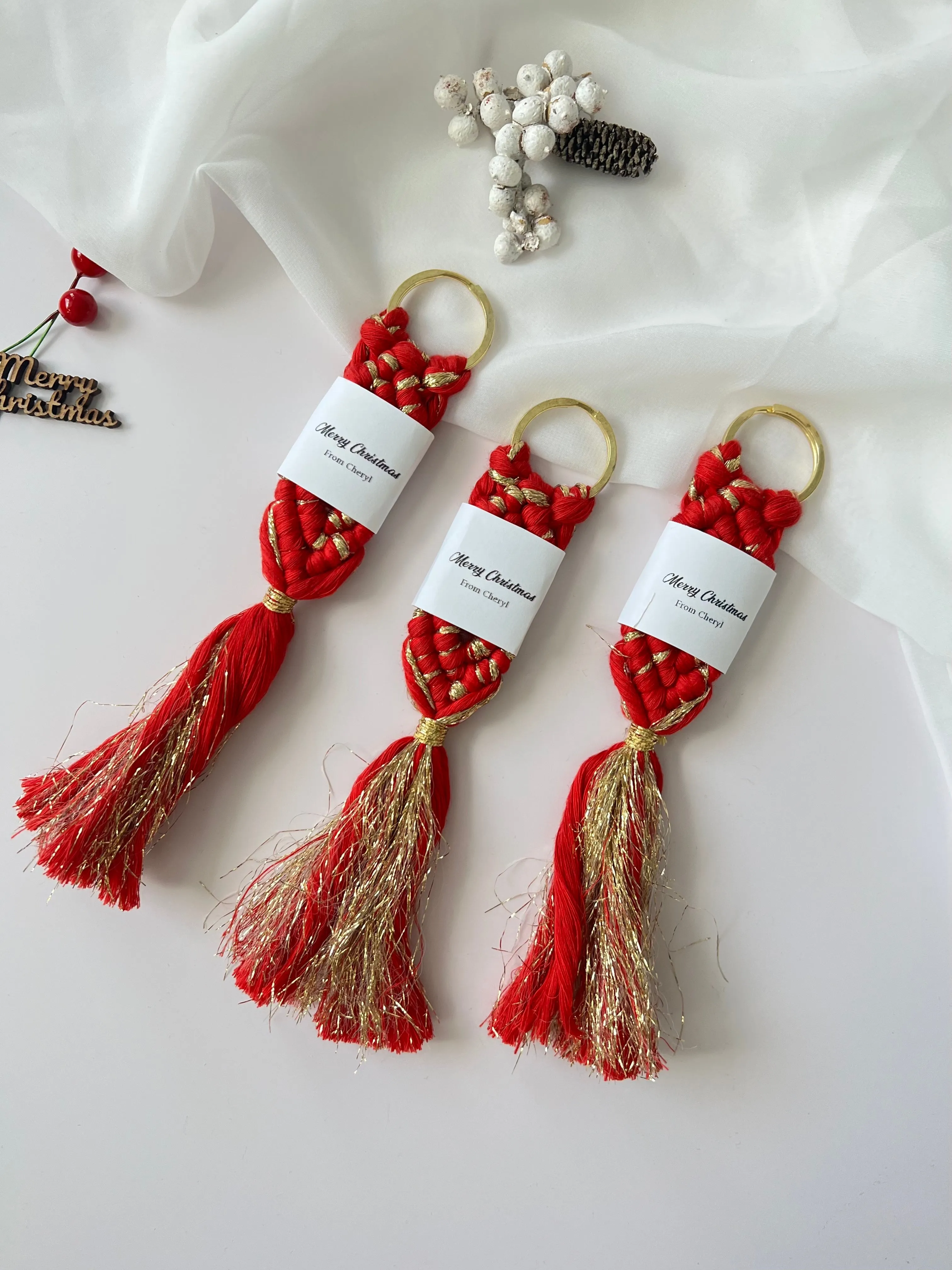 Personalized Christmas Red Macrame Keychain | Custom New Year Gifts