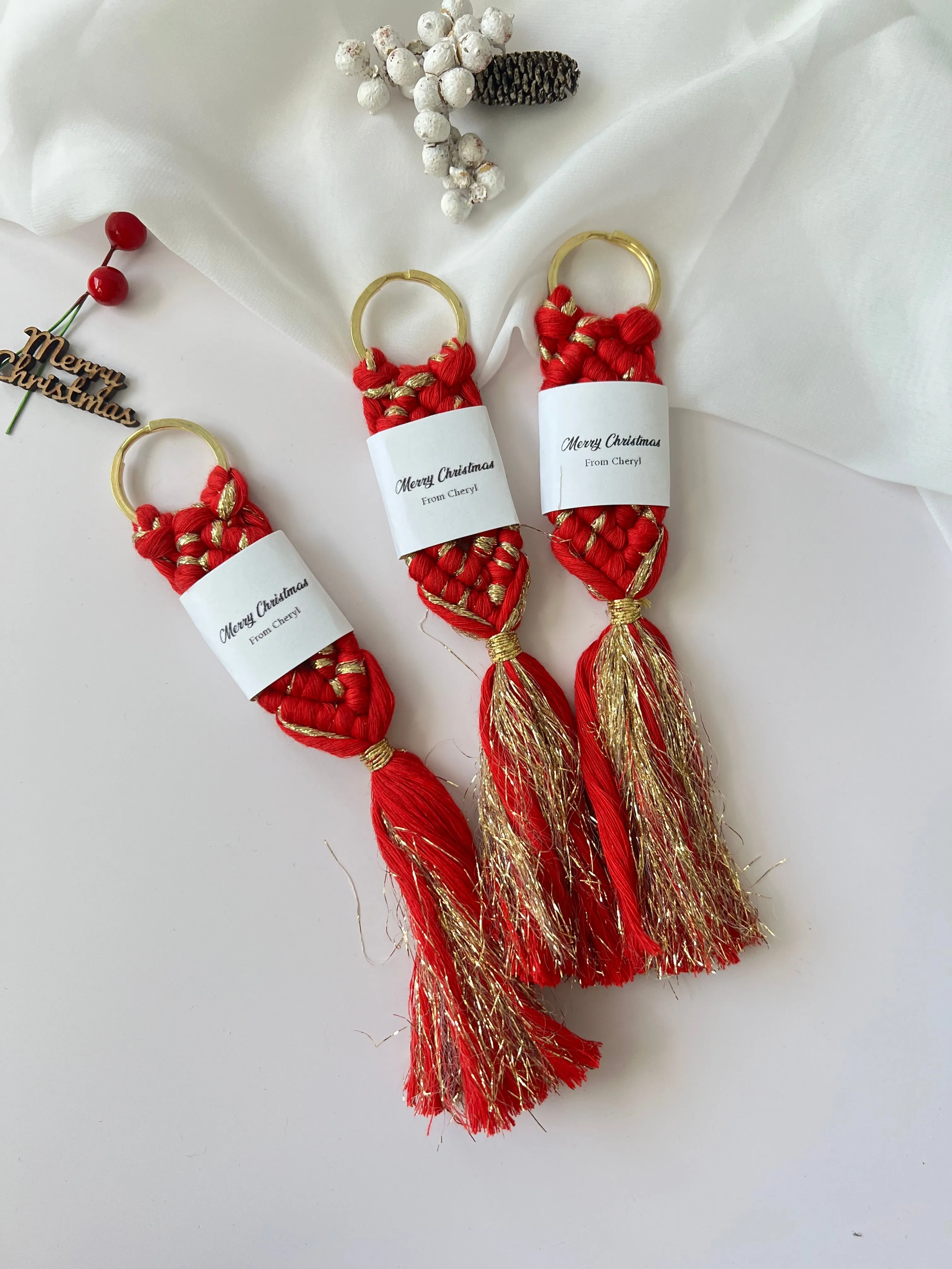 Personalized Christmas Red Macrame Keychain | Custom New Year Gifts