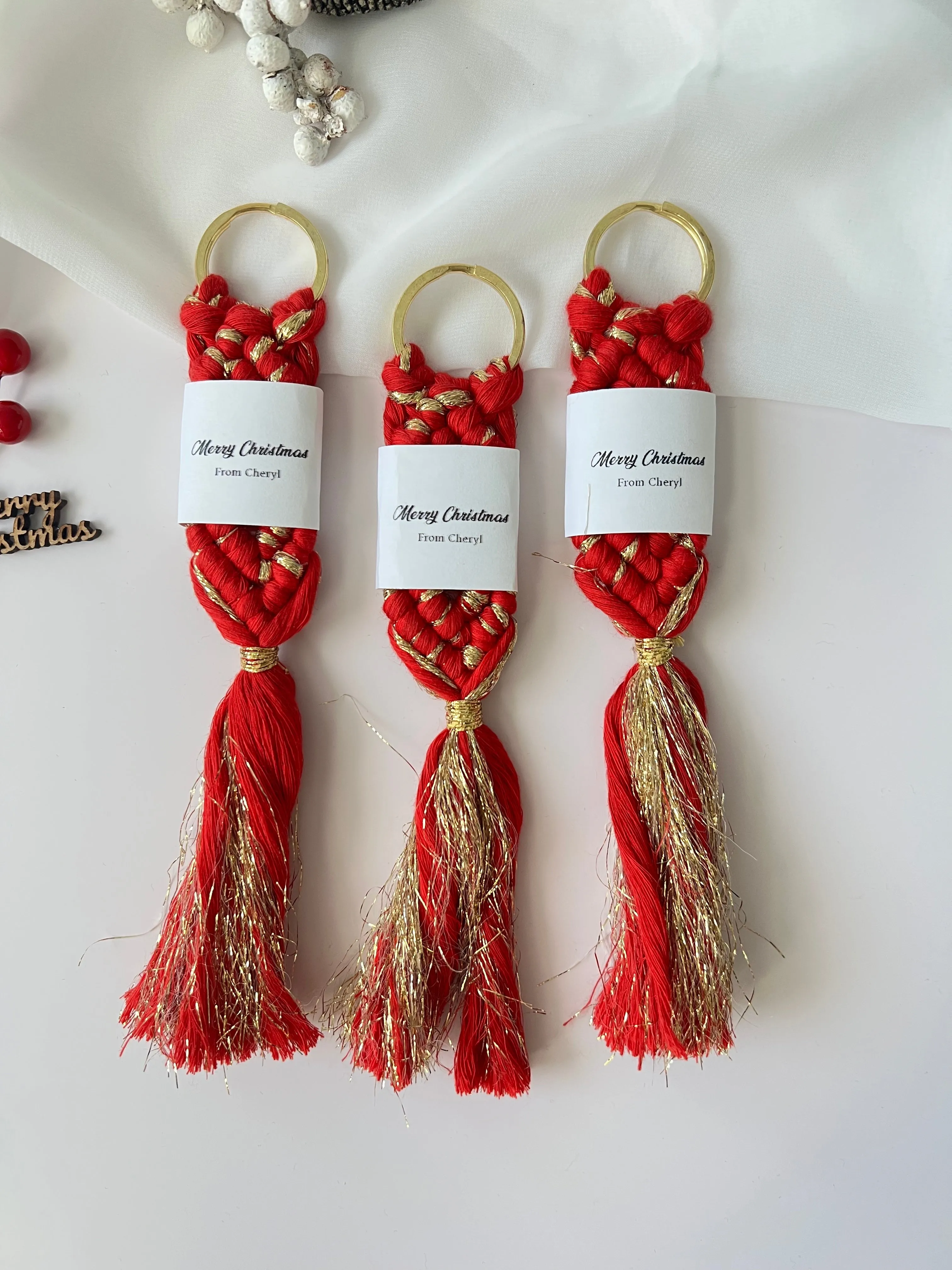 Personalized Christmas Red Macrame Keychain | Custom New Year Gifts