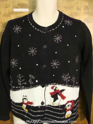 Playing Penguins Two Sided Ugly Christmas Sweater Cardigan