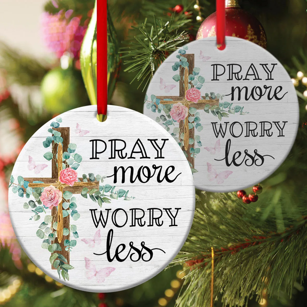 Pray More, Worry Less - Unique Cross Ceramic Circle Ornament - Christmas Decor - Funny Ornament