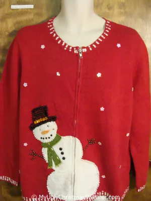 Red Christmas Sweater with Peaking Snowman Leaning