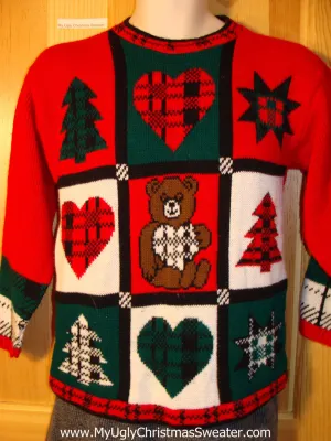 Tacky 80s Classic Plaid Themed Ugly Christmas Sweater with Hearts, Trees, Snowflake, and Bear (f758)