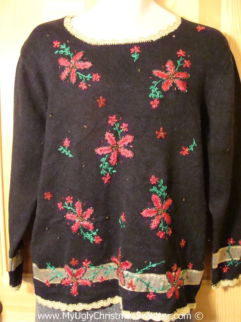 Tacky 80s Style Ugly Christmas Sweater with Bright Bling Poinsettias (f799)