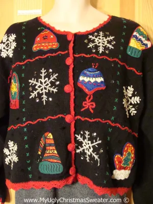 Tacky Cheesy Holiday Sweater with Mittens, Hats, and Snowflakes (f1199)