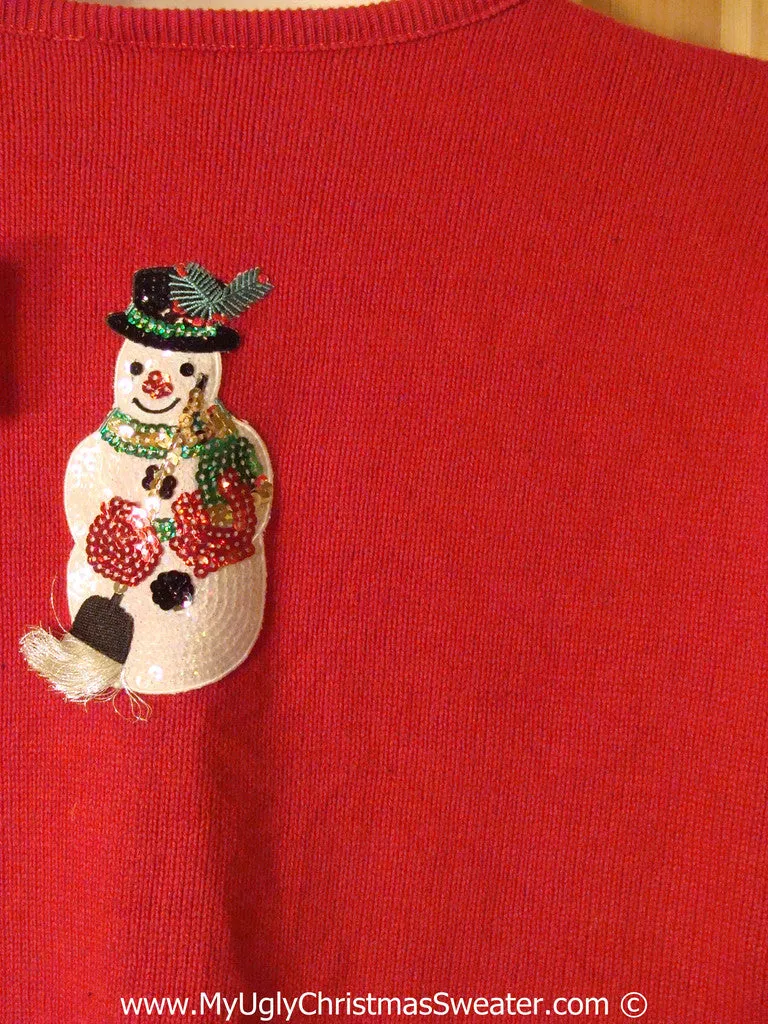 Tacky Christmas Sweater Party Ugly Sweater Festive Snowmen with Brooms and Top Hats on Front and Back (f861)