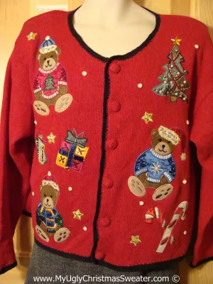 Tacky Christmas Sweater Party Ugly Sweater with 80s Style Padded Shoulders and Festive Bears (f825)