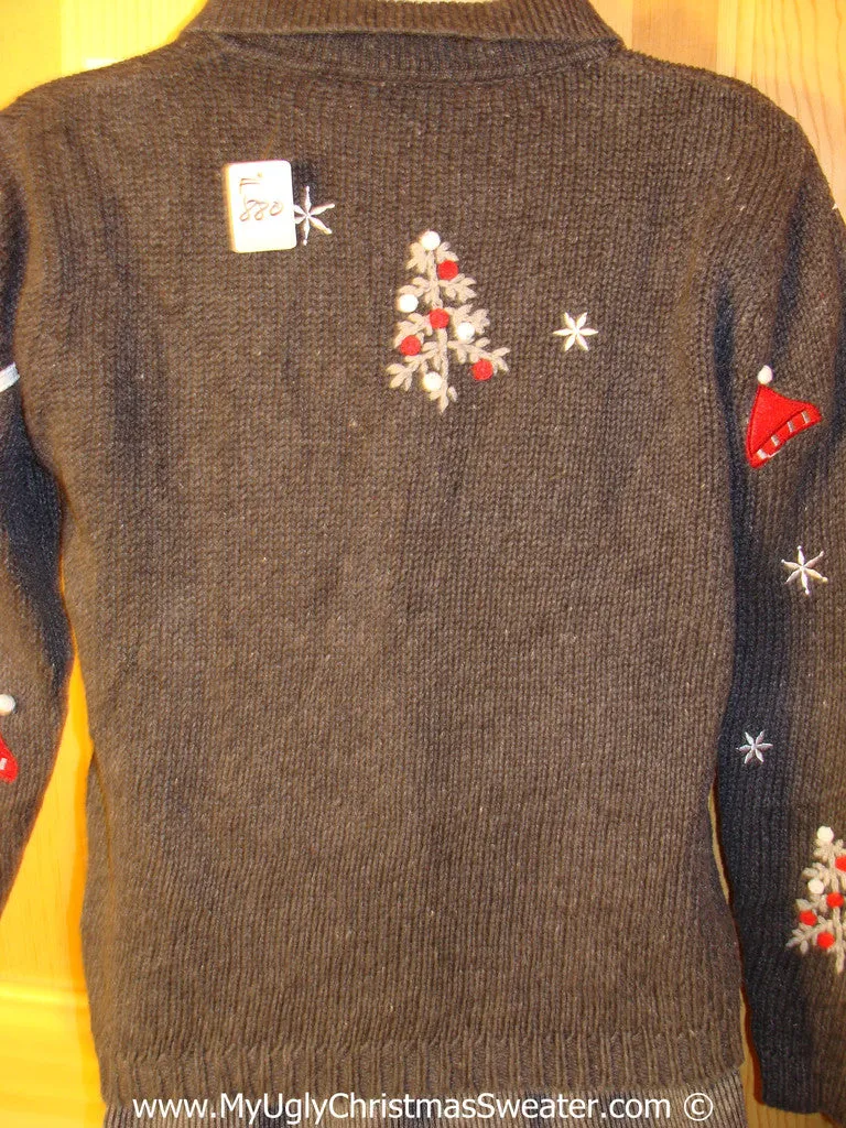 Tacky Christmas Sweater Party Ugly Sweater with Snowment, Trees, and Snowflakes on Front, Back, and Sleeves (f880)