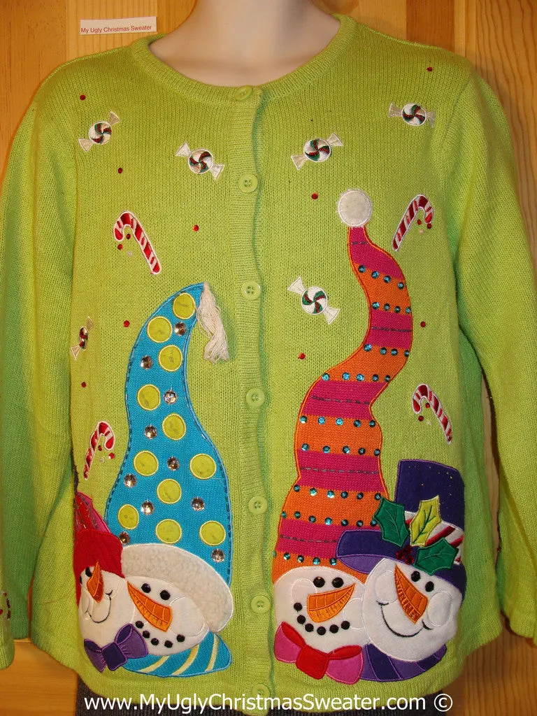 Tacky Green Holiday Sweater with Four Festive Carrot Nosed Snowmen with Ridiculous Hats (f1078)