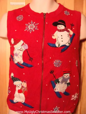 Tacky Ugly Christmas Sweater Vest with Four Snowman Children Skiing (f281)