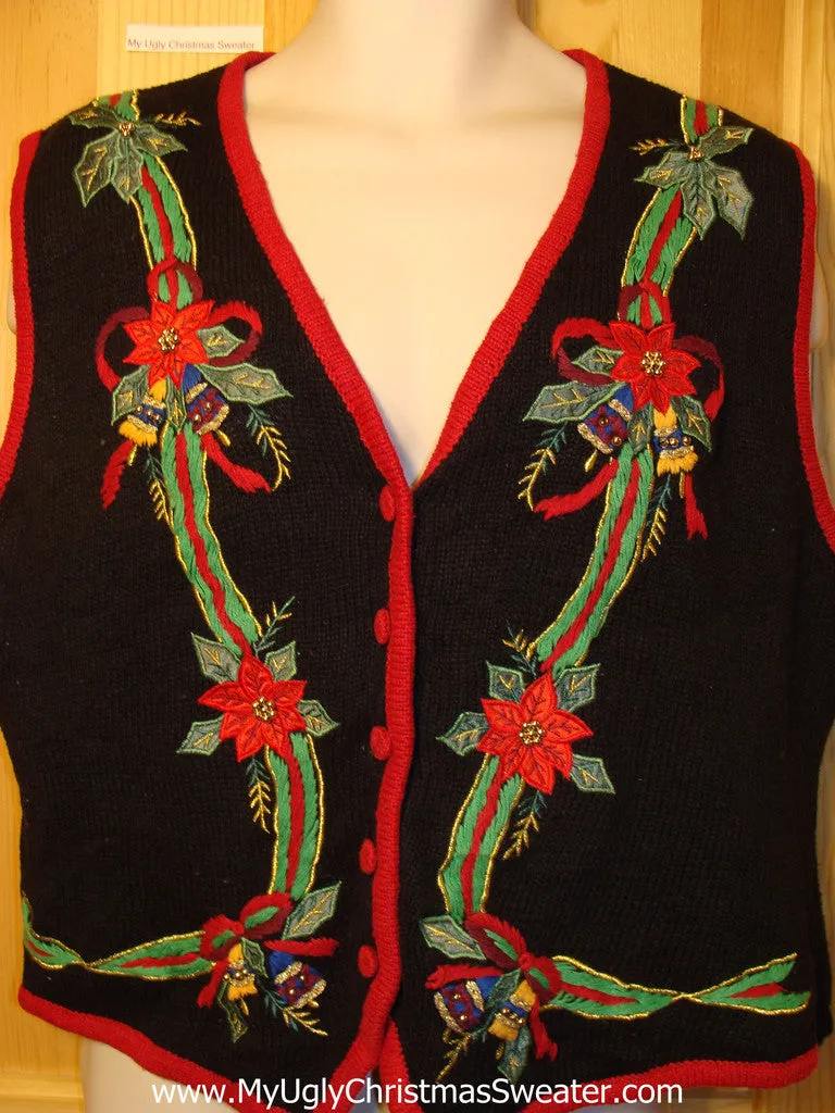 Tacky Ugly Christmas Sweater Vest with Poinsettias and Bling Accents (f283)