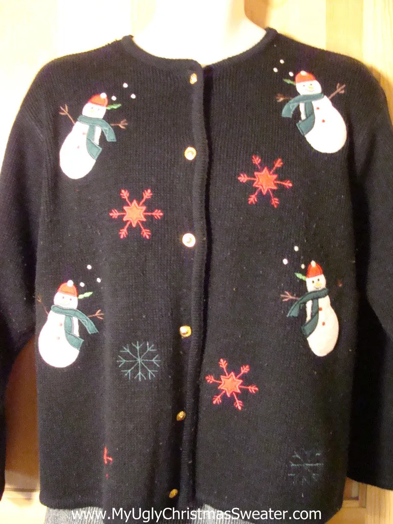 Tacky Ugly Christmas Sweater with Floating Festive Snowmen and Snowflakes  (f732)