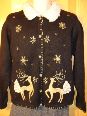 Tacky Ugly Christmas Sweater with Furry Collar and Prancing Reindeer (f479)