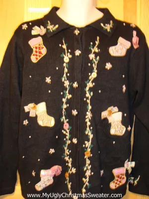 Tacky Ugly Christmas Sweater with Victorian Style Stockings with Bling Accents (f286)