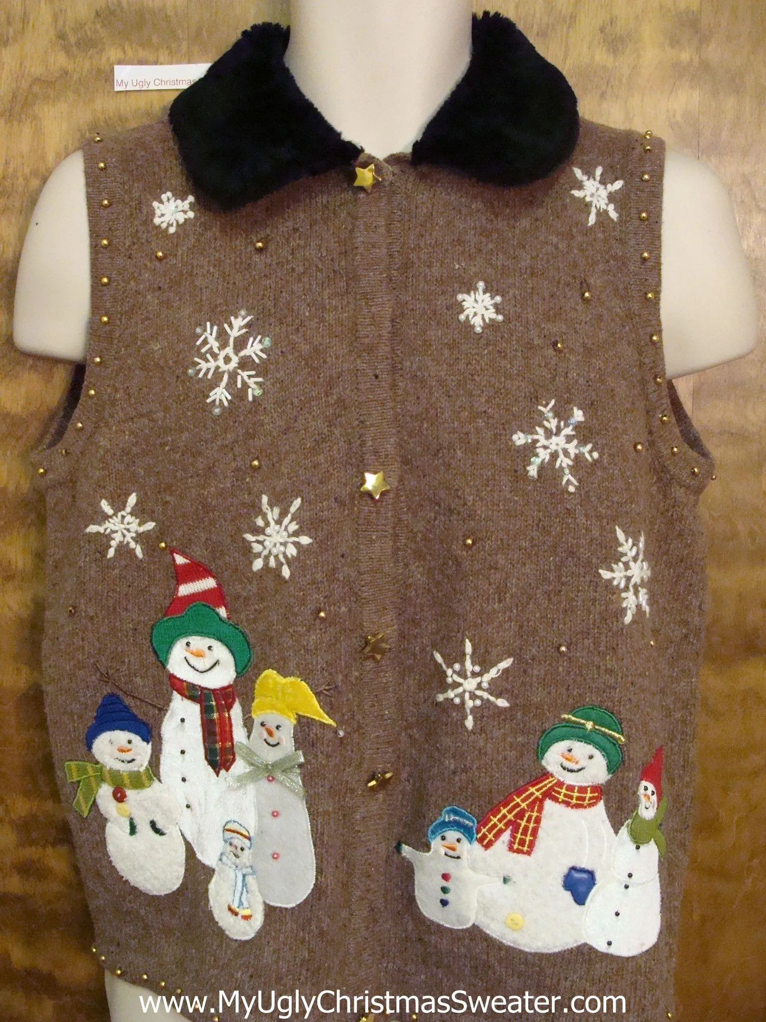 Ugly Brown Xmas Sweater Vest with Snowmen