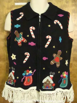 Ugly Christmas Sweater Vest with Gingerbread and Candycanes