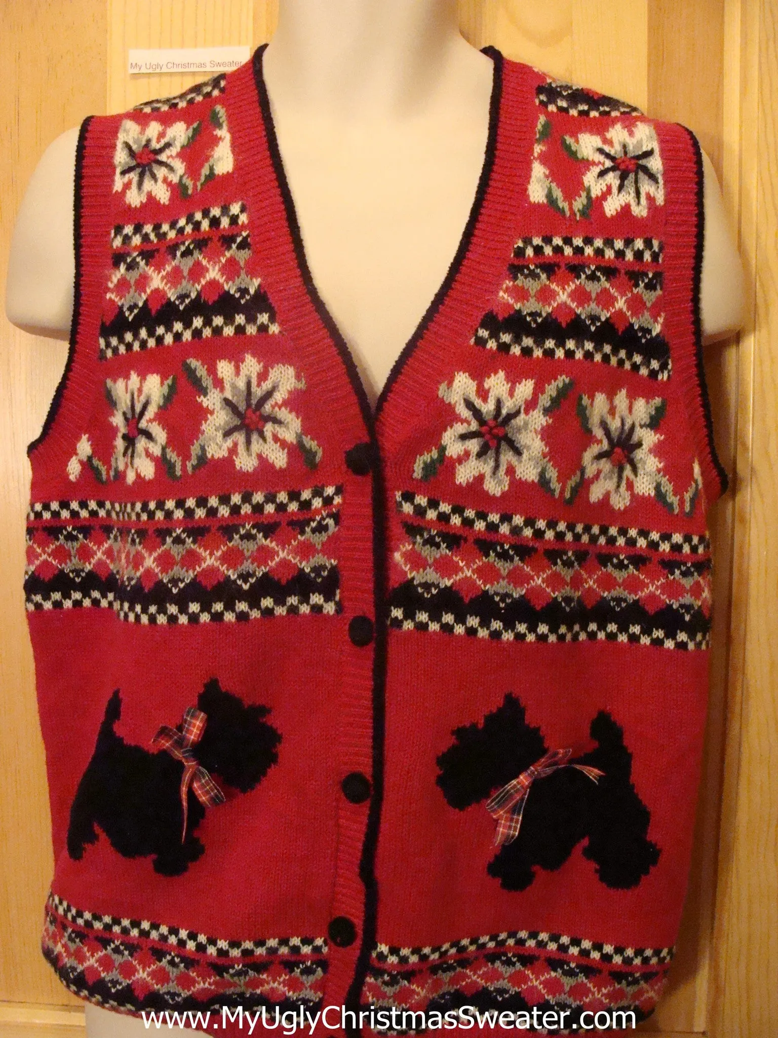 Ugly Red Christmas Sweater Vest Scottie Dogs