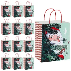 Vintage Santa Christmas Holiday Paper Gift Bags and Party Favor Bags, Medium Size 8x4.75x10" (12 Pack)